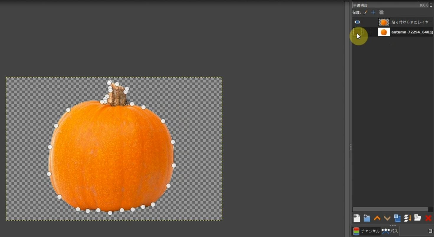 元々のかぼちゃの写真を非表示にします。 レイヤーの目玉をクリックして非表示にします。