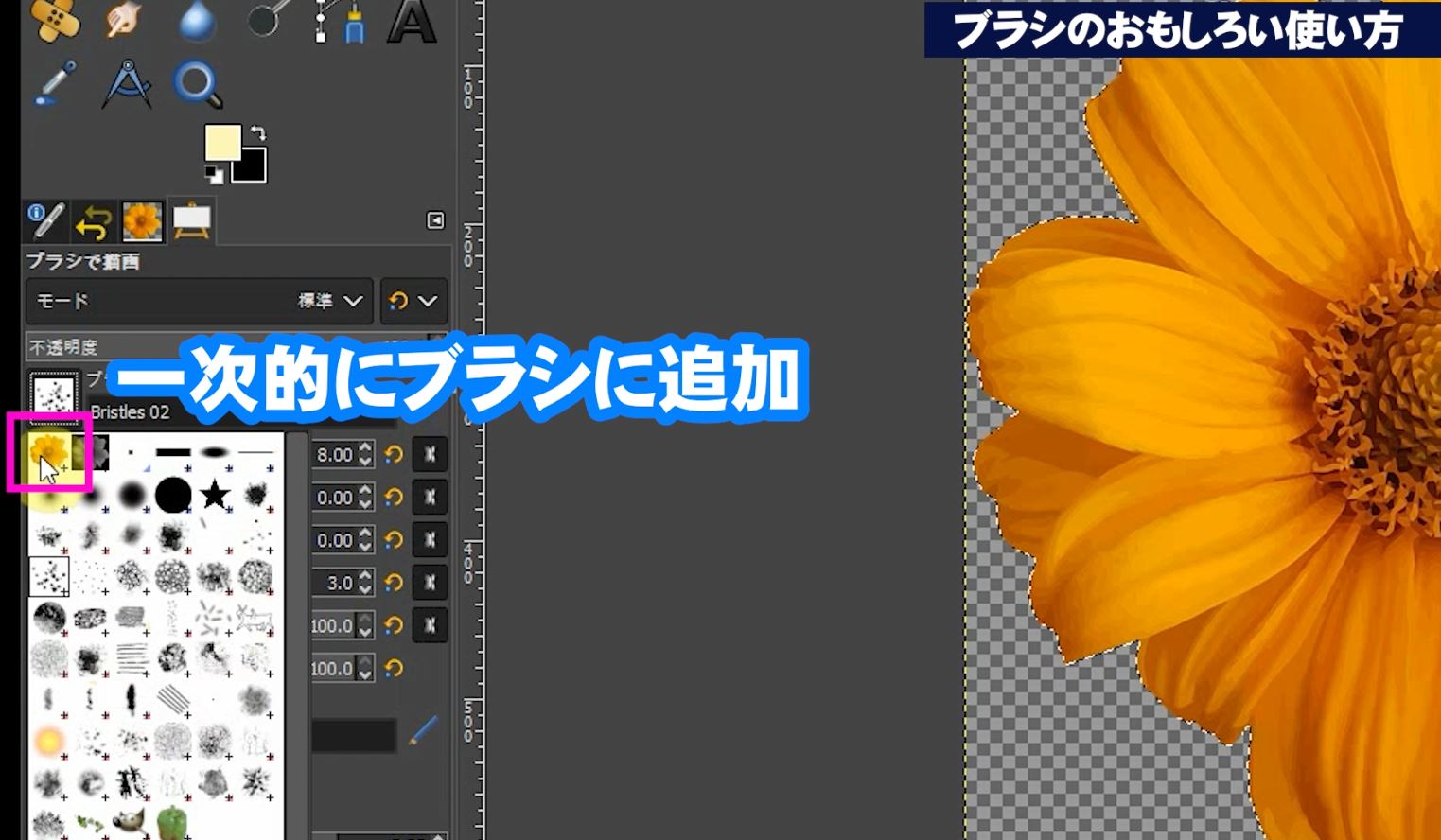 「ブラシに描画」ツールを選択してツールオプションのブラシの種類をクリックすると左上に一時的にコピーしたガーベラの花が追加されています。