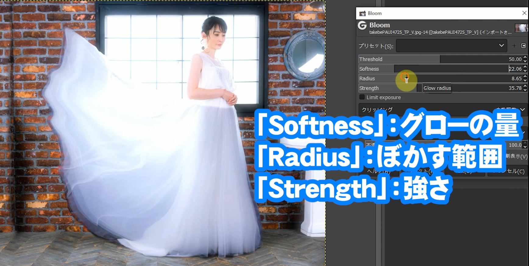 「Softness」：グローの量 「Radius」：ぼかす範囲 「Strength」：強さ